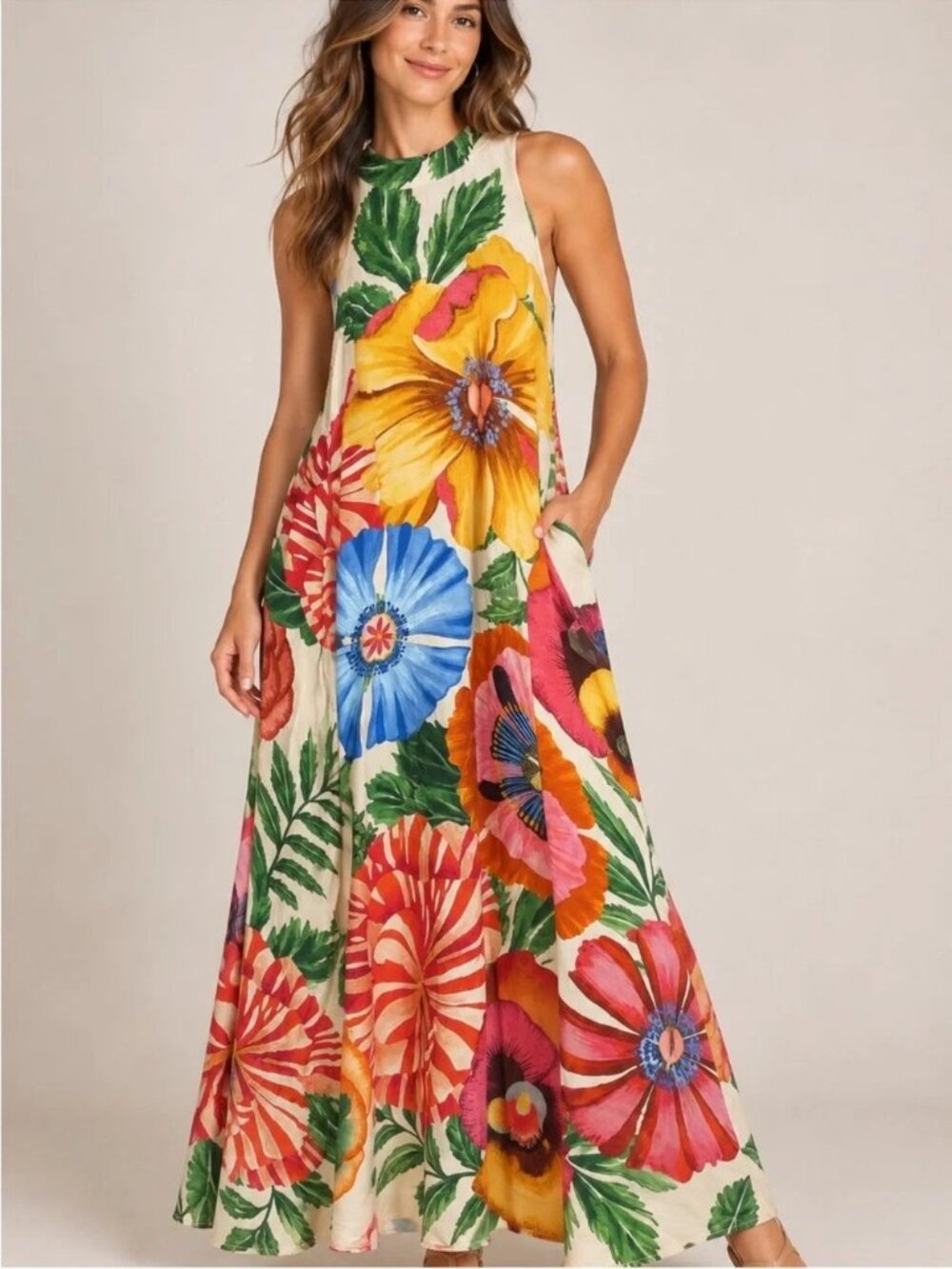 Farm Rio Anthropologie Halterneck Maxi Dress With Tropical Print - XLarge NWT
